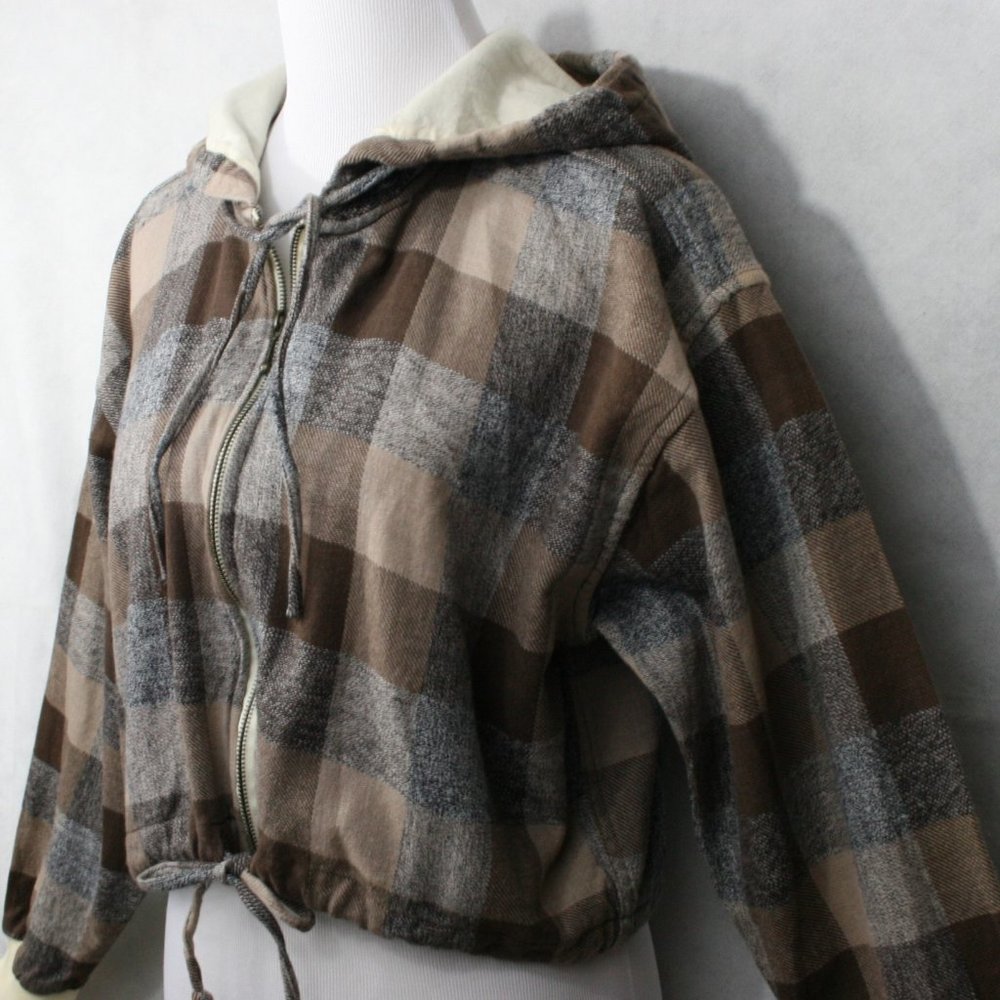 Vintage 60's Angelique IMP Multi-Brown Check Cotton Crop Jacket w/Hood SZ M GC